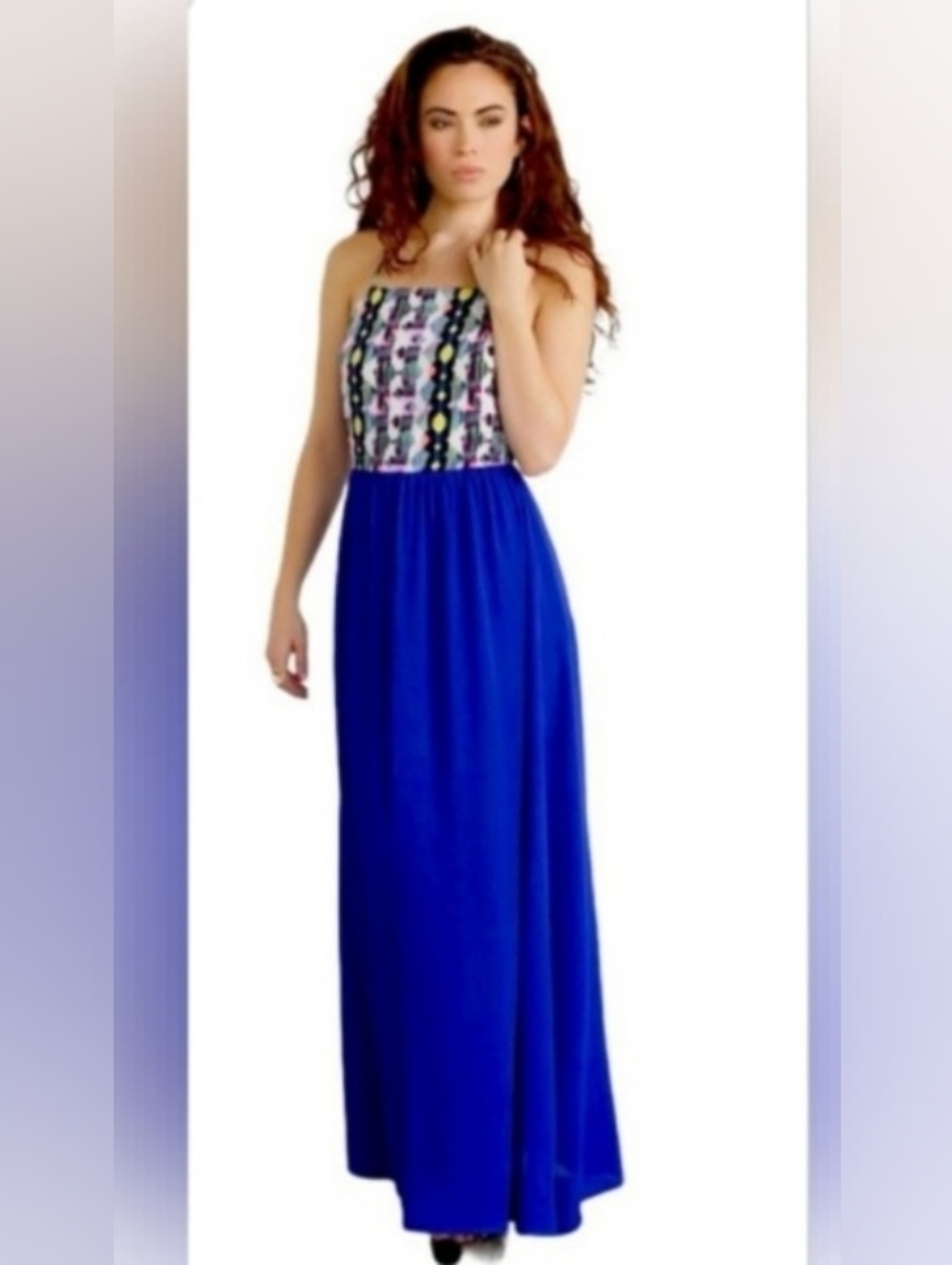 Backless Maxi Dress with Aztec Patterned Bodice - Royal Blue Women's